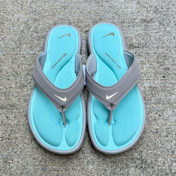 WMNS NIKE ULTRA COMFORT THONG SANDAL GRAY GREY HOT MINT TEAL FOOTBEDS FLIP FLOPS - Picture 4 of 6